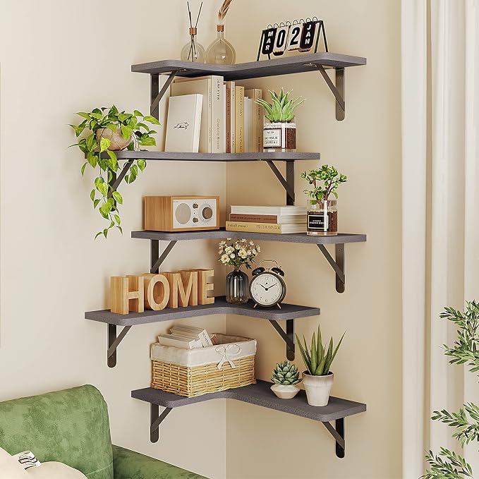 Fixwal Corner Floating Shelves Set of 5, Rustic Wood Wall Mounted Corner Shelf - Image 5