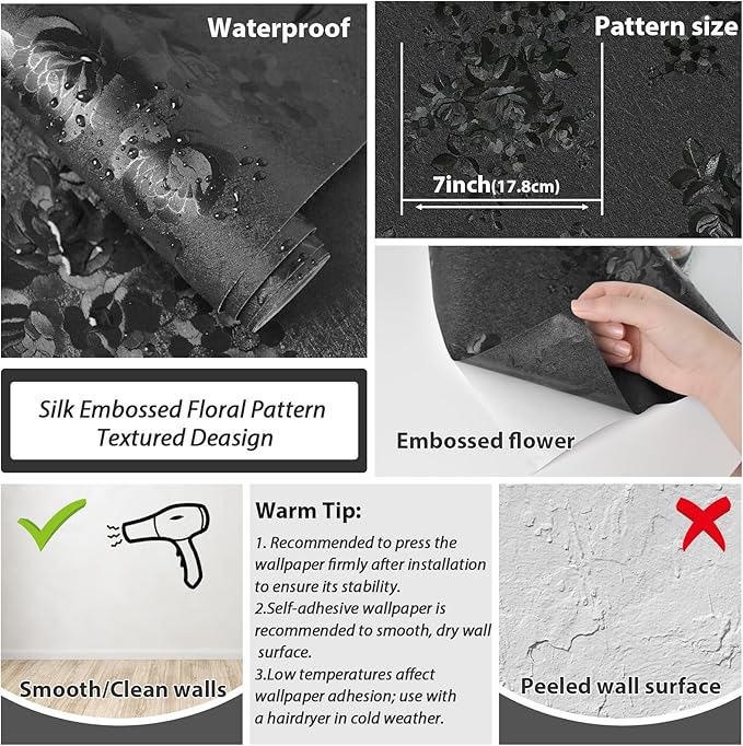 Black Peel and Stick Wallpaper 787.4inL17.3inW Silk Embossed Floral Contact - Image 6
