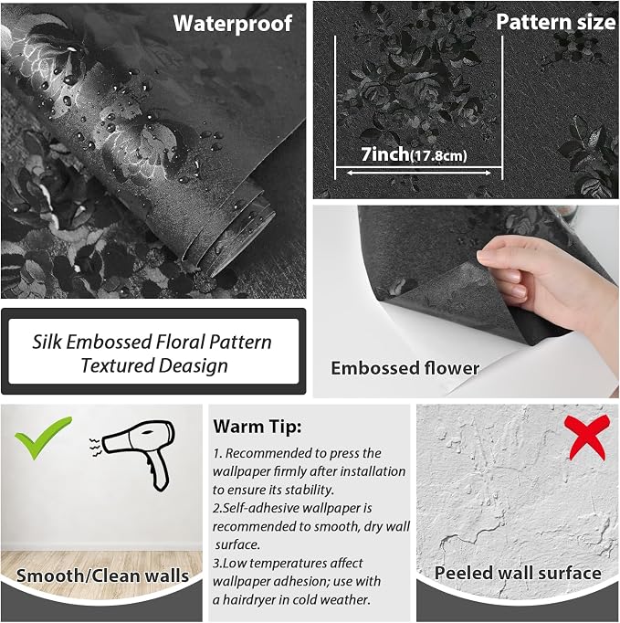 Black Peel and Stick Wallpaper Silk Embossed Floral Contact Paper - Image 4