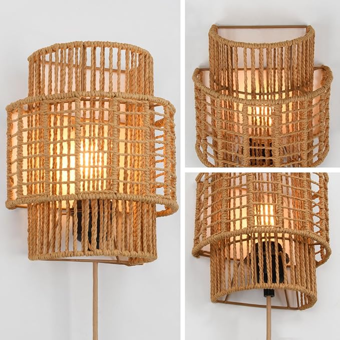 Plug-in Boho Wall Sconces Set of 2, Handwoven Rattan Wall Lights - Image 4