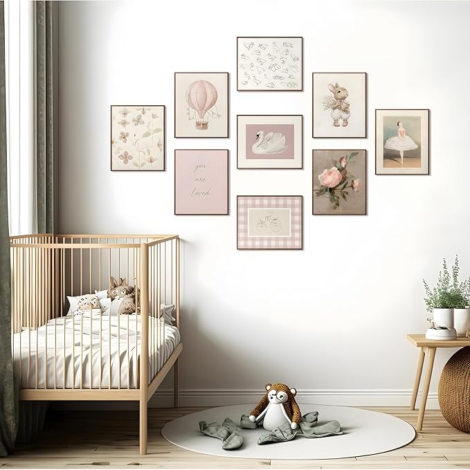 9pcs Nursery Pink Wall Art Baby Girl Canvas Wall Art Vintage Floral Prints Kids - Image 6