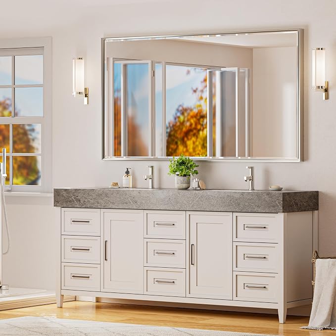 60 x 36 Brushed Nickel Bathroom Mirror, Beveled Framed Rectangle - Image 6