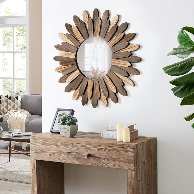 Honiway Boho Wall Decor 21 inch Wall Mirror Rustic Wood Decorative Mirror - Image 3