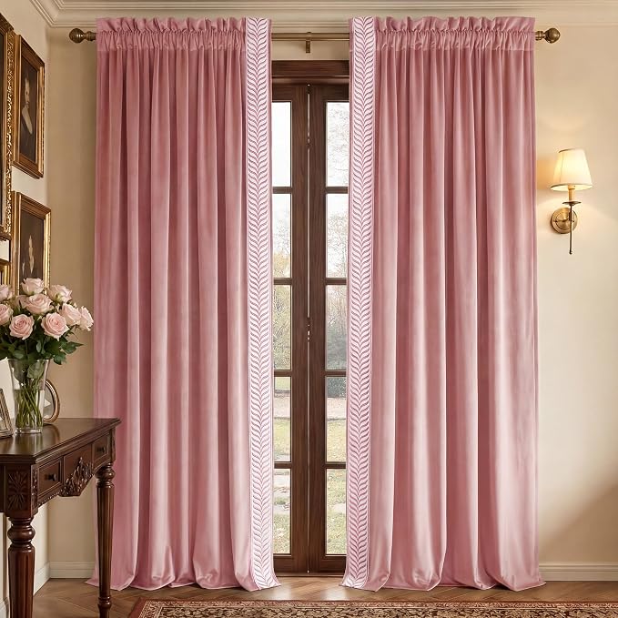 NICETOWN Rod Pocket Embroidered Trim Velvet Curtains, 2 Panels, Blush Pink by NICETOWN