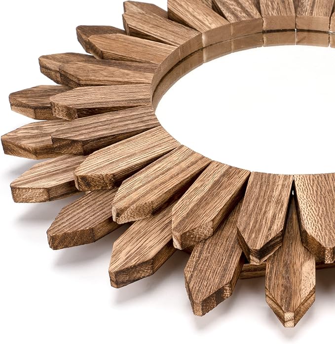 Honiway Wall Mirror Decorative 12 inch Rustic Wood Mirror Sunburst Boho Mirror - Image 2