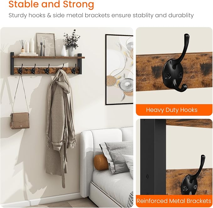 Homode Coat Rack with Wall Mount, 24 Inch Long Entryway Wall Shelf with Hooks - Image 4