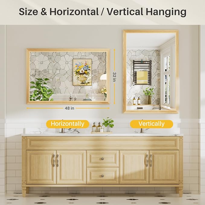 48x32 Inch Bathroom Mirror for Wall, Anti-Rust Oak Wood Grain Metal Framed - Image 7