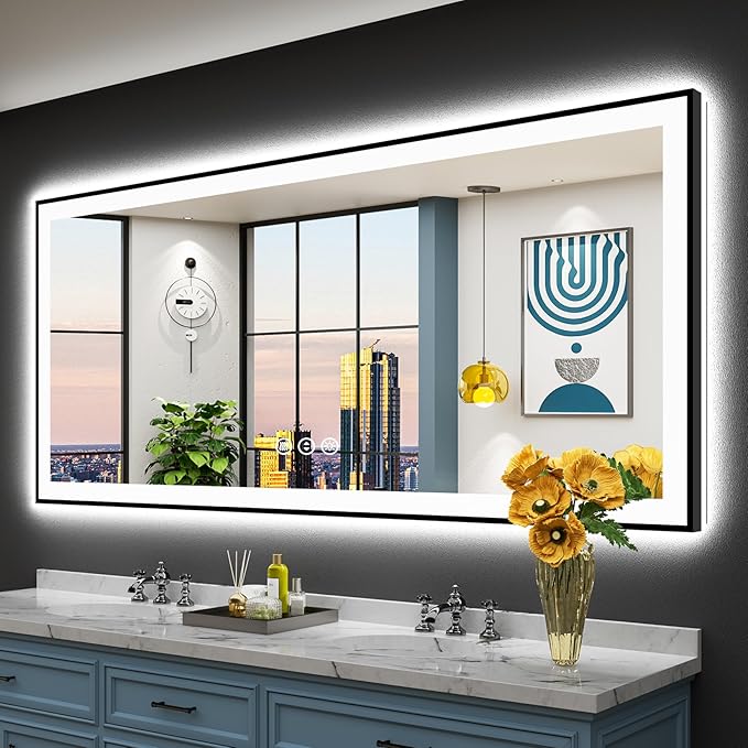 72x32 Black Framed LED Bathroom Mirror by Awandee