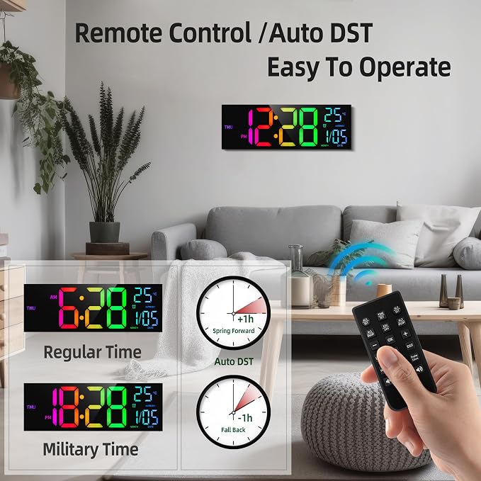HAITANG 8 Colors Digital Wall Clock, 16.2" Large Digital Clock - Image 3