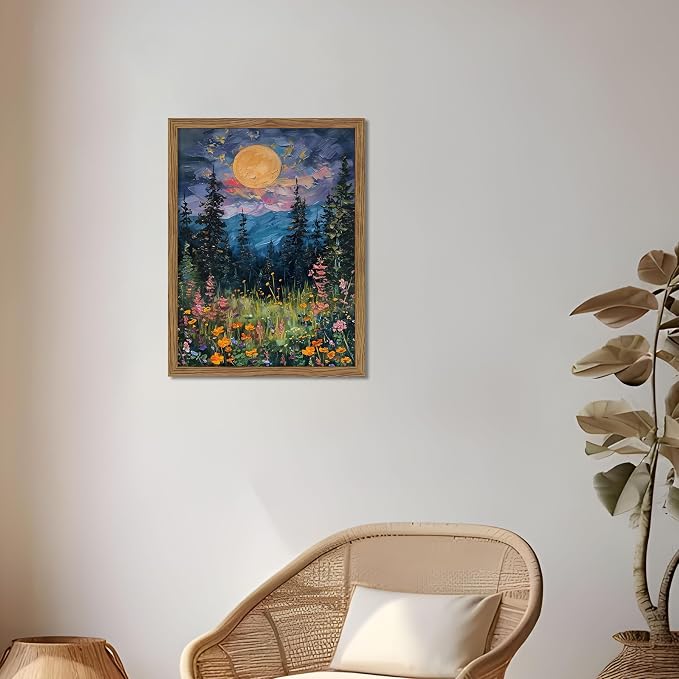 Framed Nature Forest Canvas Wall Art, Full Moon above Wildflowers and Woodland - Image 8