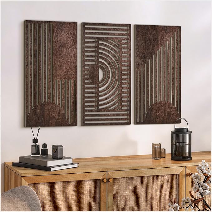 VIYYIEA Boho Solid Wood Carved Wall Art Set of 3, Geometric Minimalist Wooden by VIYYIEAART