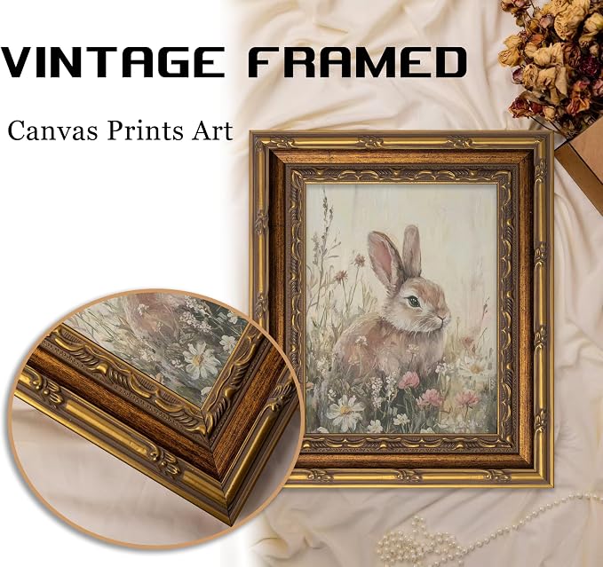 Vintage Gold Framed Easter Bunny Wall Art Spring Rabbit and Wildflowers - Image 4