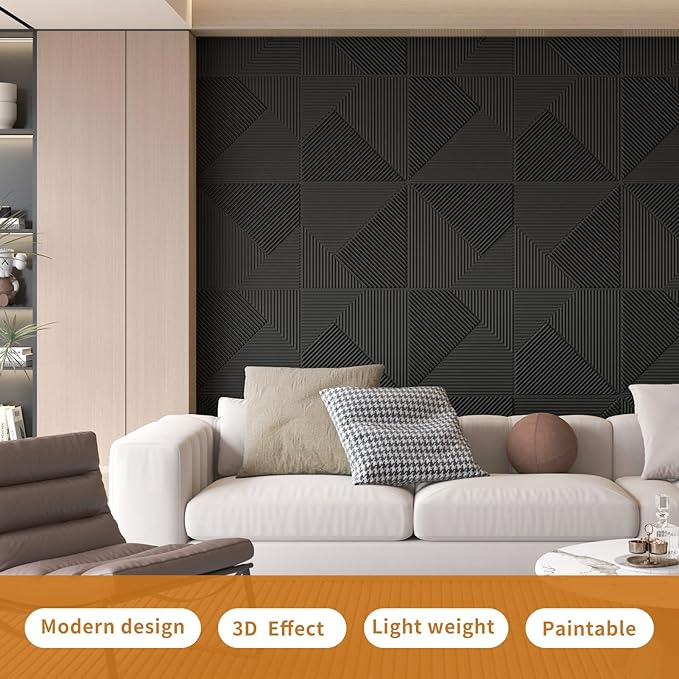WOWSTAR 12-Pack 3D Wall Panels 19.7" x 19.7", Modern Black Wall Covering - Image 2