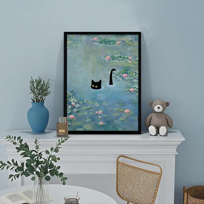 Fantasy Artists Monet Water Lilies Cat Wall Art, Framed Vintage Canvas Art Wall - Image 2