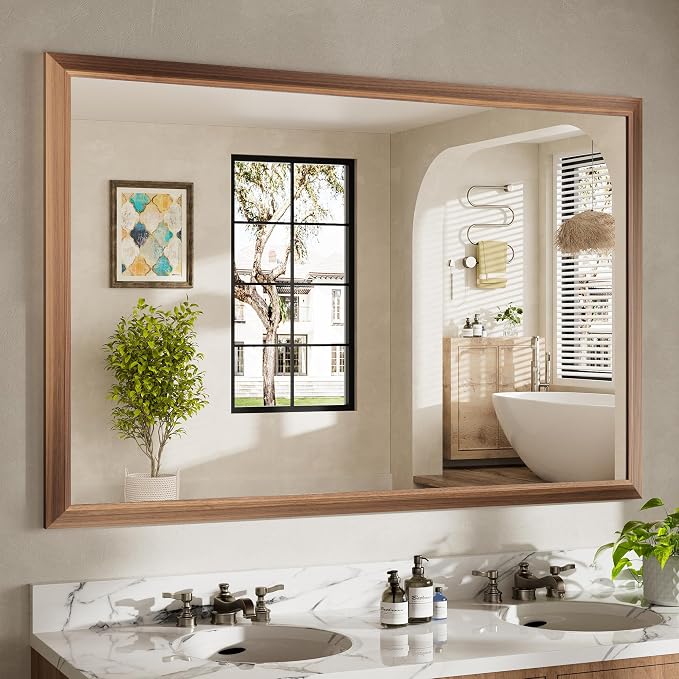 60x40 Inch Bathroom Mirror for Wall, Anti-Rust Walnut Wood Grain Metal Framed by Briivuemodernmirrors