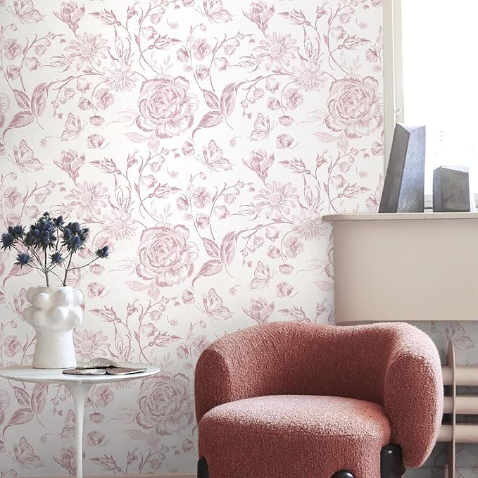 Yasinet Pink Floral Wallpaper Boho Peel and Stick Wallpaper Pink and White - Image 9
