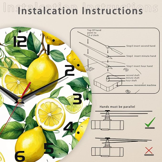 Wall Clock, Watercolor Lemon Wall Clock Silent Non-Ticking Battery Operated - Image 4