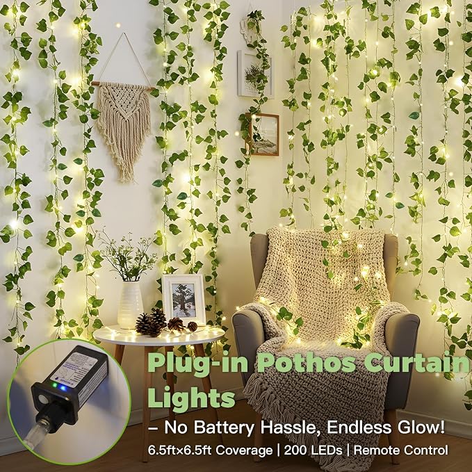 suddus 200 LED Vine with Light Plug in, 6.5ft x 6.5ft Pothos Fairy Curtain - Image 2