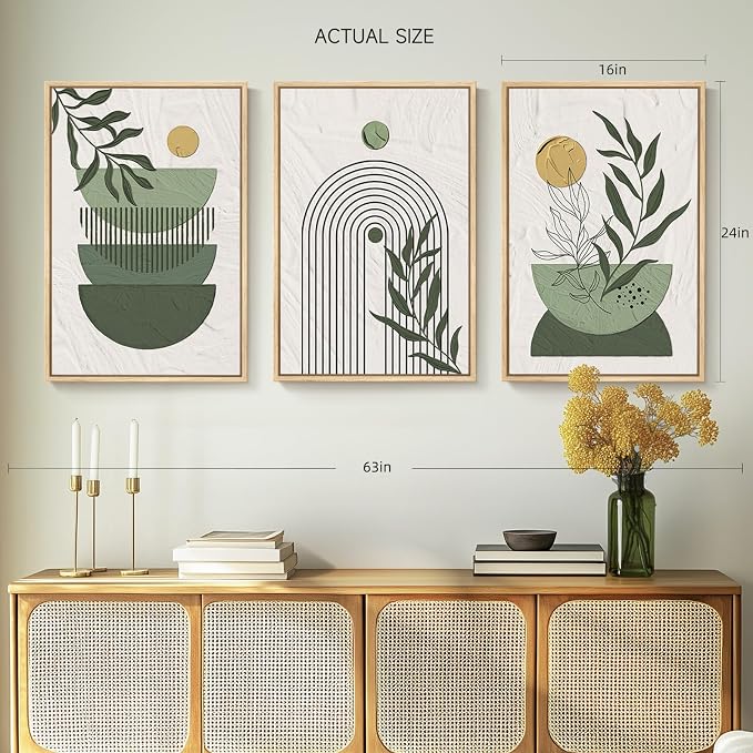 Framed Sage Green Boho Wall Art Bedroom, 3 Piece Bohemian Botanical Paintings - Image 3