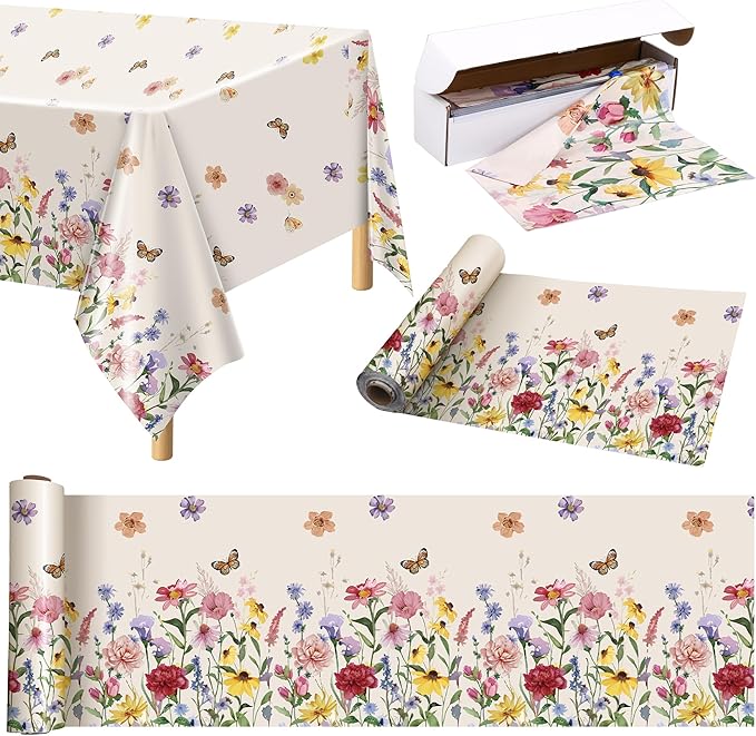 Kochorie 100 Ft x 54 Inch Spring Floral Tablecloth Roll Plastic Flower by Kochorie