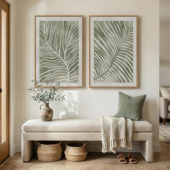 Framed Green Abstract Botanical Wall Art, 2 Piece Tropical Plant Canvas - Image 8