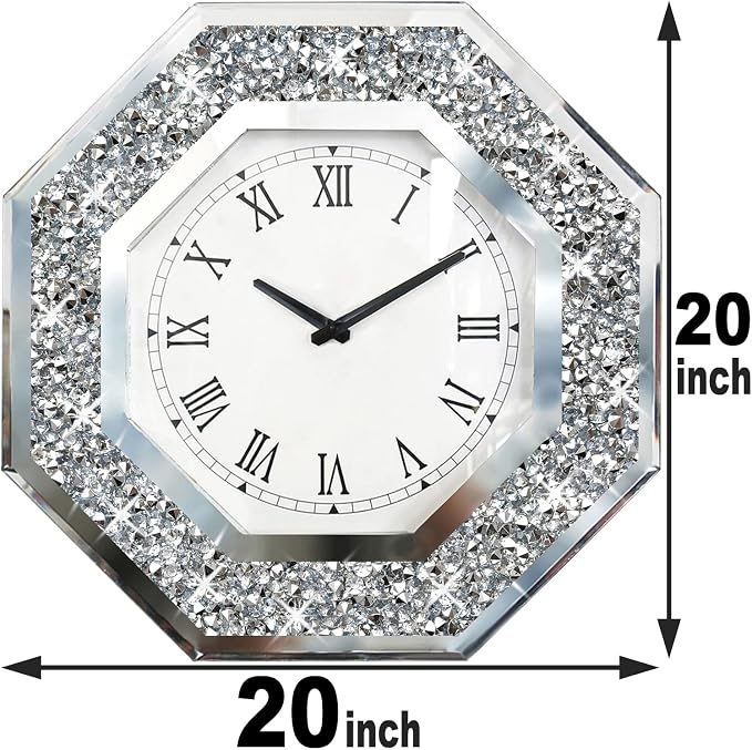 Wall Clock, Octagon Mirror Glass Clock, Cute Diamond 20-inch Non-Ticking Clock - Image 3