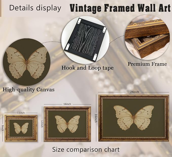 Vintage Gold Framed Wall Art Retro White Butterfly Canvas Print Dark Green - Image 4