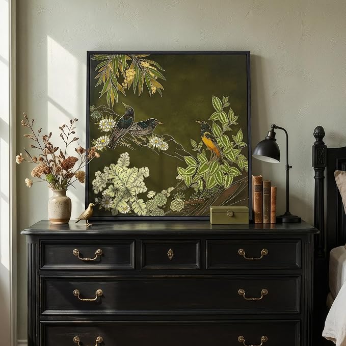 Framed Green Wall Art, Vintage Botanical Flower Bird Nature Canvas Prints - Image 4