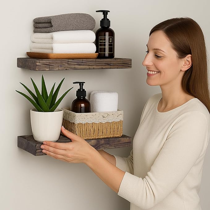 BGMG Wood Floating Shelves for Wall 12 inch Set of 2, Distressed Rustic Wooden - Image 2