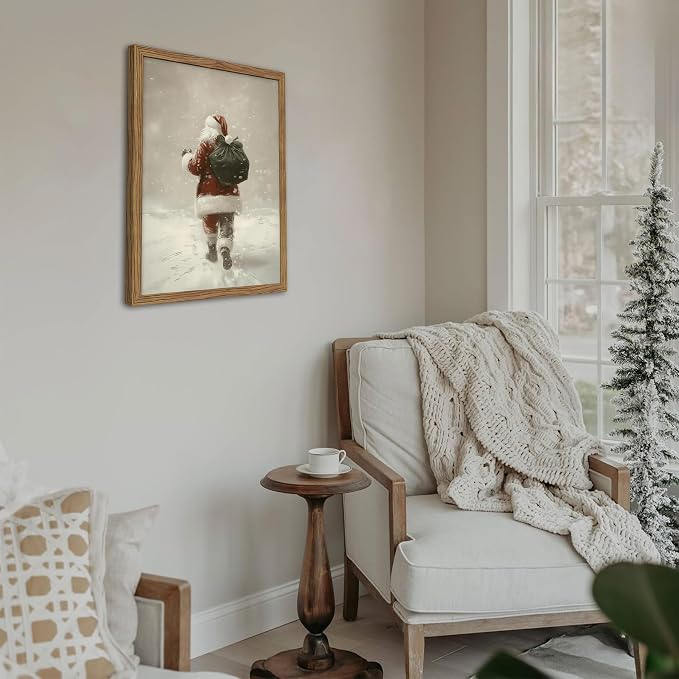 Framed Christmas Wall Art, Santa Claus Walk in Snow Canvas Prints, Vintage - Image 6