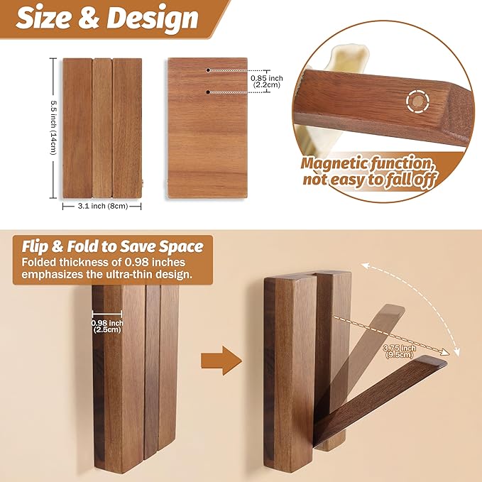 Foldable Wall Hooks 2Pack: Rustic Wooden Coat Hooks Mounted - Image 3