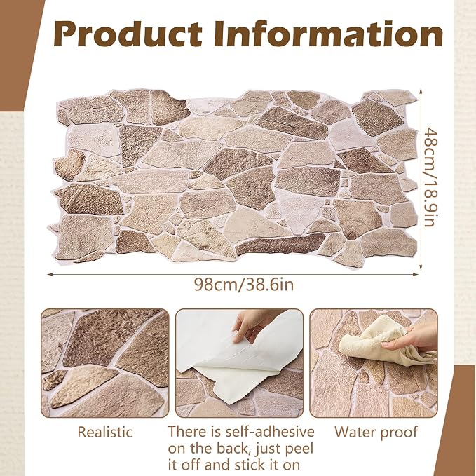 12 Pack 38.6" x 18.9" Peel and Stick 3D Faux Stone Wall Panels PVC Lightweight - Image 2