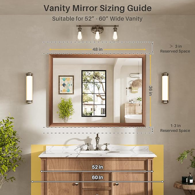 48x36 Inch Bathroom Mirror for Wall, Anti-Rust Walnut Wood Grain Metal Framed - Image 2