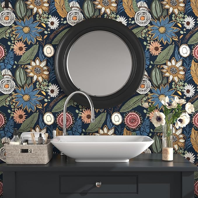 Boho Wallpaper Peel and Stick, Dark Vintage Floral Contact Paper, 17.5" x 197" - Image 2