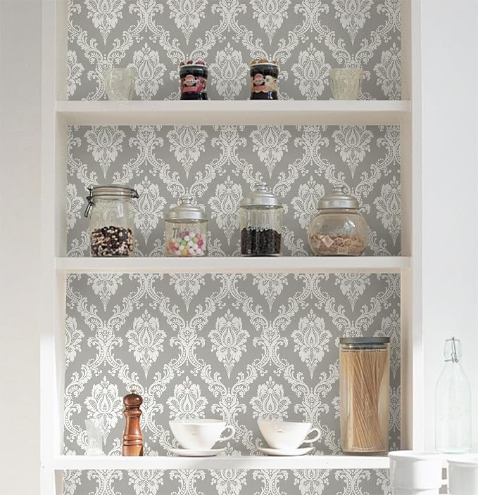 Peel and Stick Wallpaper Grey and White Damask Wallpaper - Image 6