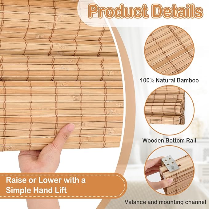 2 Pcs Cordless Bamboo Roman Shades - Image 3
