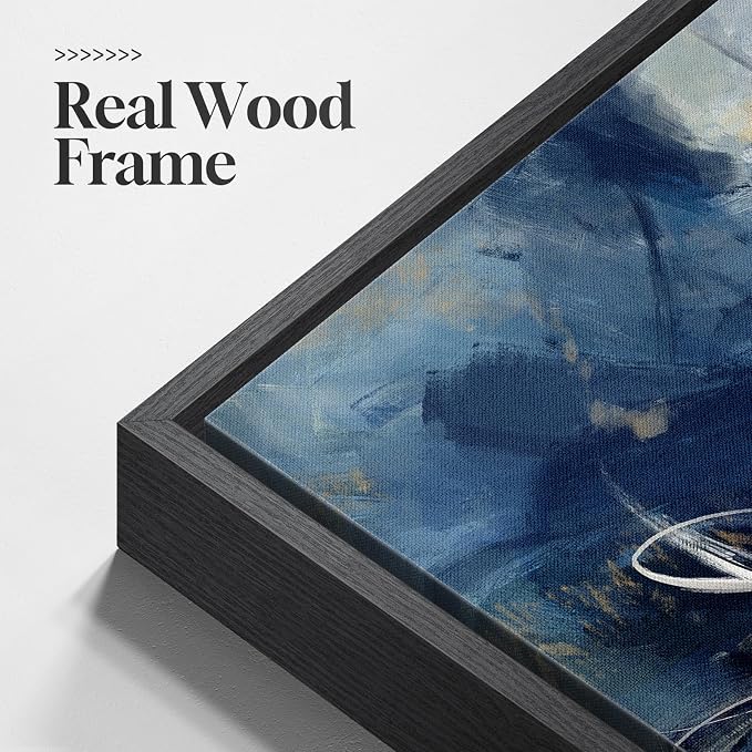 Framed Abstract Wall Art, Modern Blue White Gold Canvas Prints Artwork - Image 5