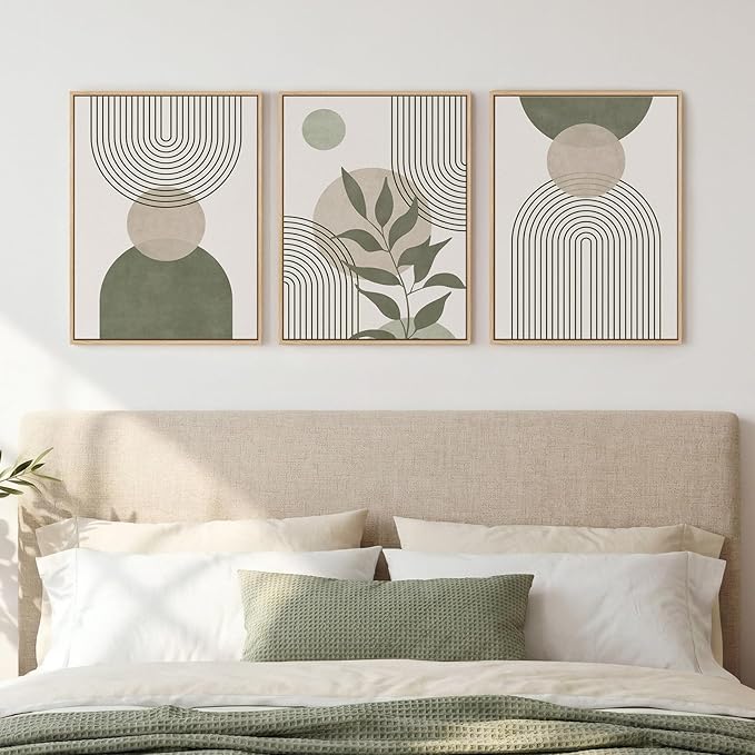 Framed Sage Green Boho Wall Art Bedroom, 3 Piece Beige Bohemian Canvas by Cuspin