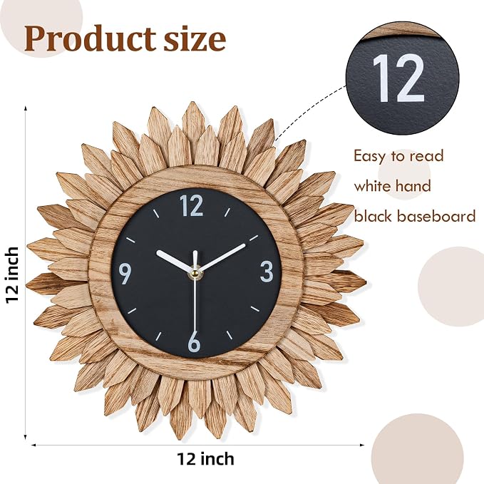 Honiway Wall Clock Battery Operated 12 in Rustic Wood Boho Sunburst Decorative - Image 5