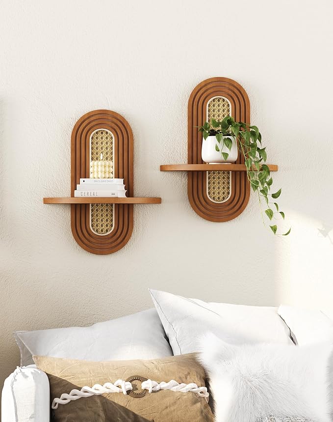 Floating Shelves for Wall, Boho Home Wall Decor, Rattan Plant Shelf Set of 2 - Image 8