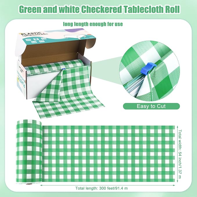 Kochorie 54 Inch x 300 Ft Light Green Checkered Plastic Table Cloth Roll - Image 2