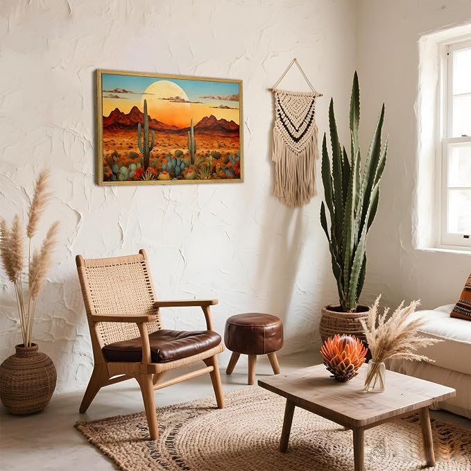 Framed Western Desert Sunset Cactus Wall Art, Vintage Southwest Nature - Image 8