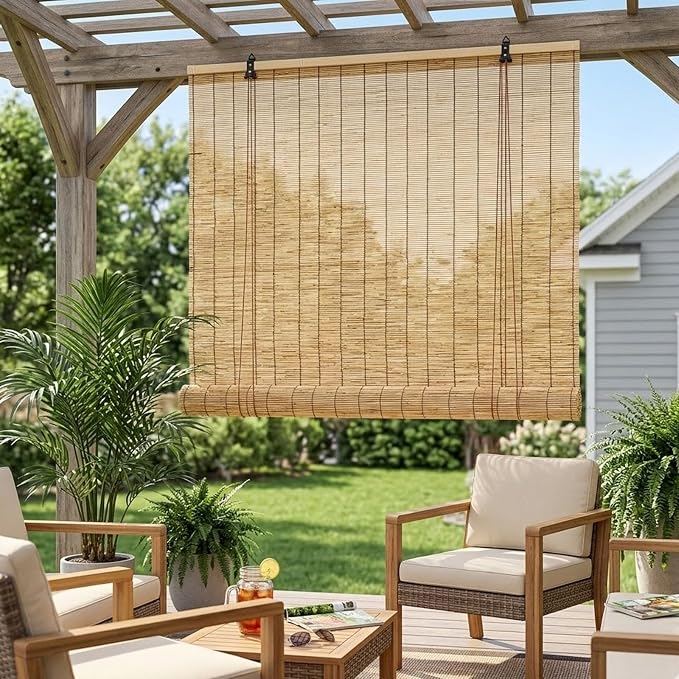 Bamboo Blinds Outdoor Patio, Natural Retro Reed Roll Up Shades - Image 2