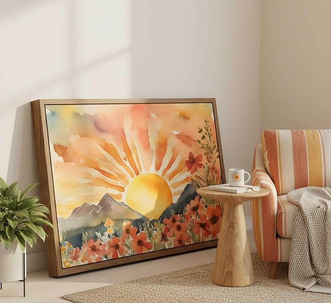 Framed Boho Sun Canvas Wall art Mid-Century Modern Abstract Bohemian Sunset in - Image 8