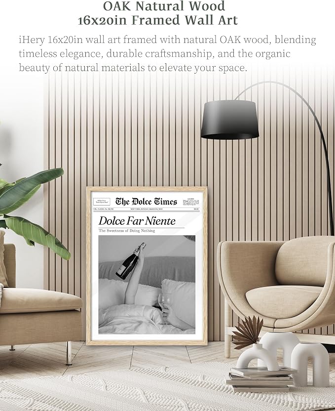 iHery Dolce Far Niente Framed Trendy NewsPaper Wall Art, Natural OAK Wood Large - Image 2