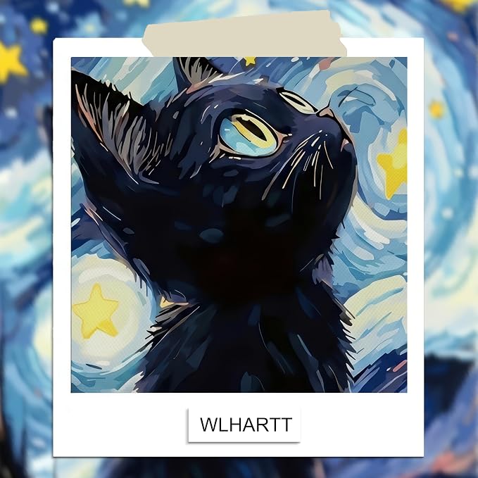 Framed Black Cat Wall Art, Van Gogh Starry Night Canvas Wall Decor, Cute Cat - Image 6