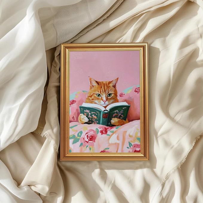 Fantasy Artists Gold Framed Wall Art Prints, Cute Orange Cat Reading a Green - Image 4