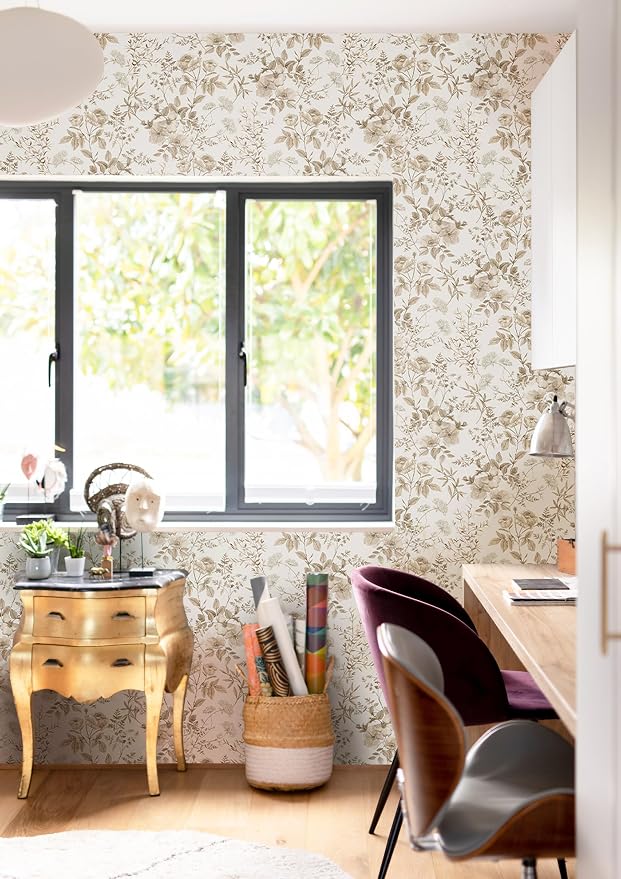 Erfoni 16.9" x197" Beige Floral Peel and Stick Wallpaper Boho Floral Leaf - Image 6