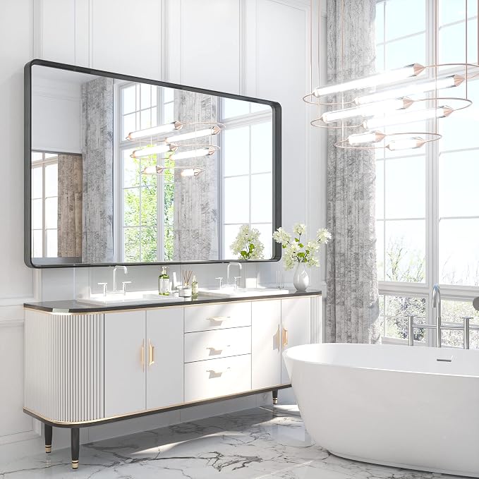 TETOTE 60 x 36 Inch Bathroom Mirror, Matte Black Metal Frame Modern Farmhouse - Image 8