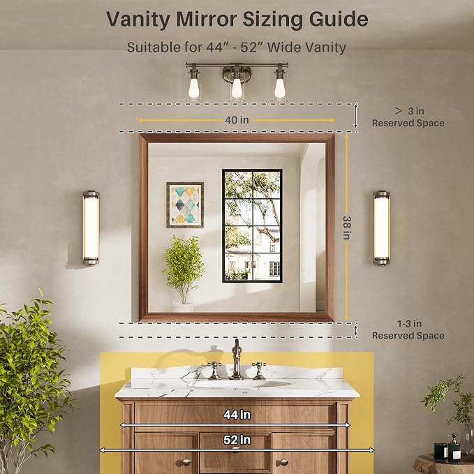 40x38 Inch Bathroom Mirror for Wall, Anti-Rust Walnut Wood Grain Metal Framed - Image 2